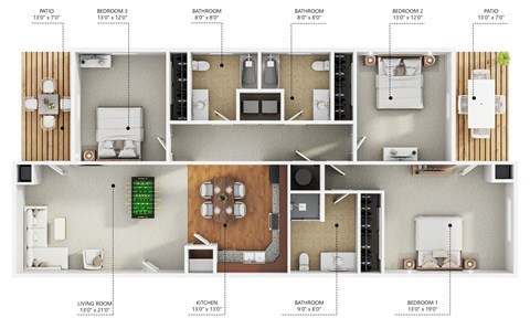 Floor plan for 3 beds, 3 baths, 1490 sqft